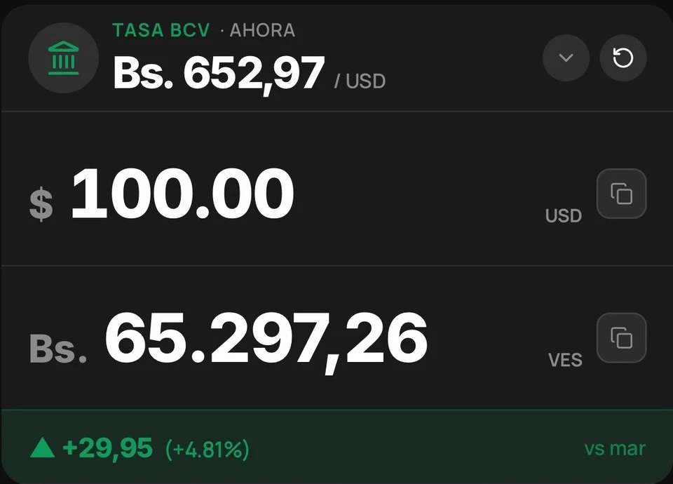 Pantalla Calcular de Tasari: 100 dólares convertidos a bolívares con la tasa BCV