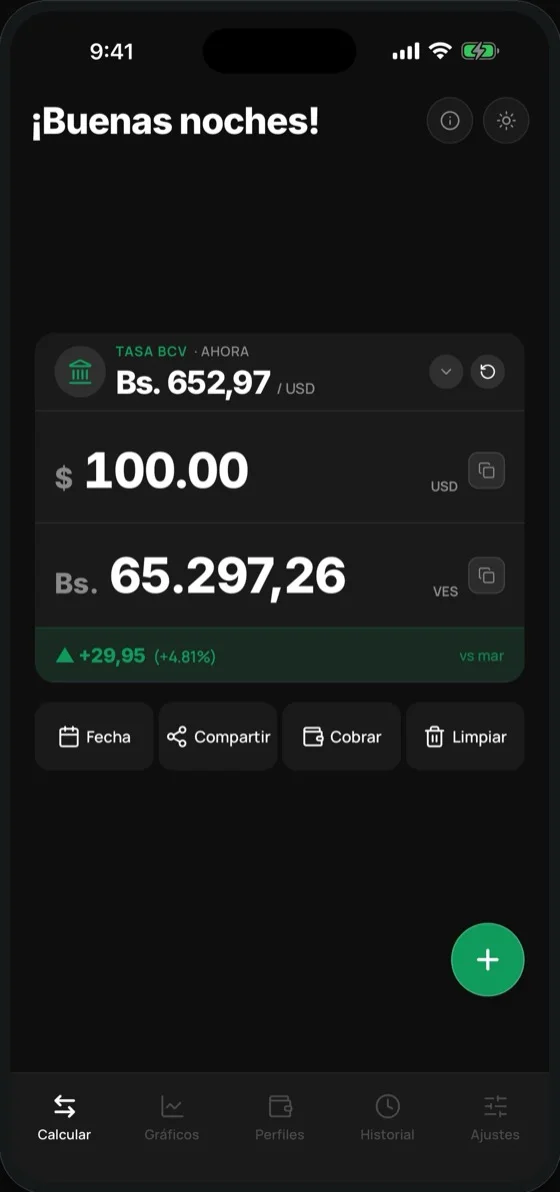 Pantalla Calcular de Tasari con 100 dólares convertidos a bolívares