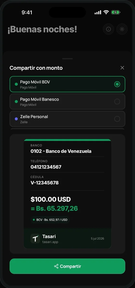 Tarjeta de cobro de Tasari con datos de Pago Móvil y monto en bolívares