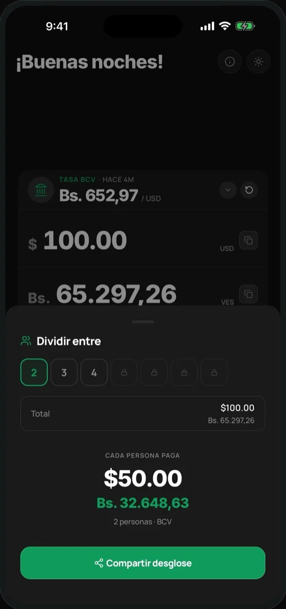 TasariSplit dividiendo 100 dólares entre 2 personas