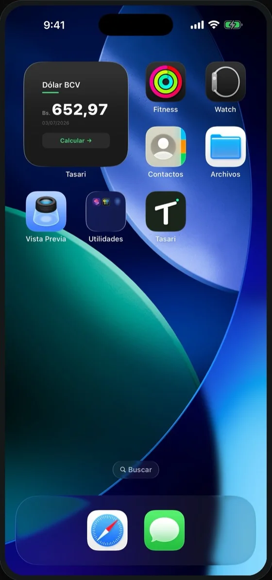 Widget de Tasari con la tasa BCV en la pantalla de inicio del iPhone